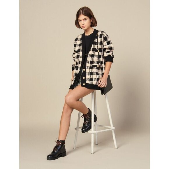 💕SANDRO💕 Jisou Oversized Checked Knitted Cardigan ~ Beige - Picture 1 of 16